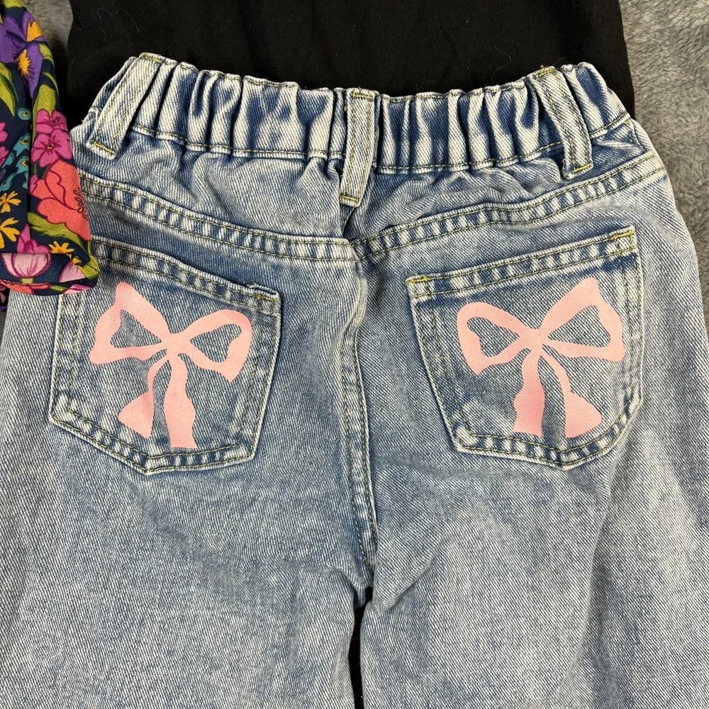 Shein Blouse Set Girls 5Y Multi Floral Butterfly Sleeve Straight Jeans Lot Of 3